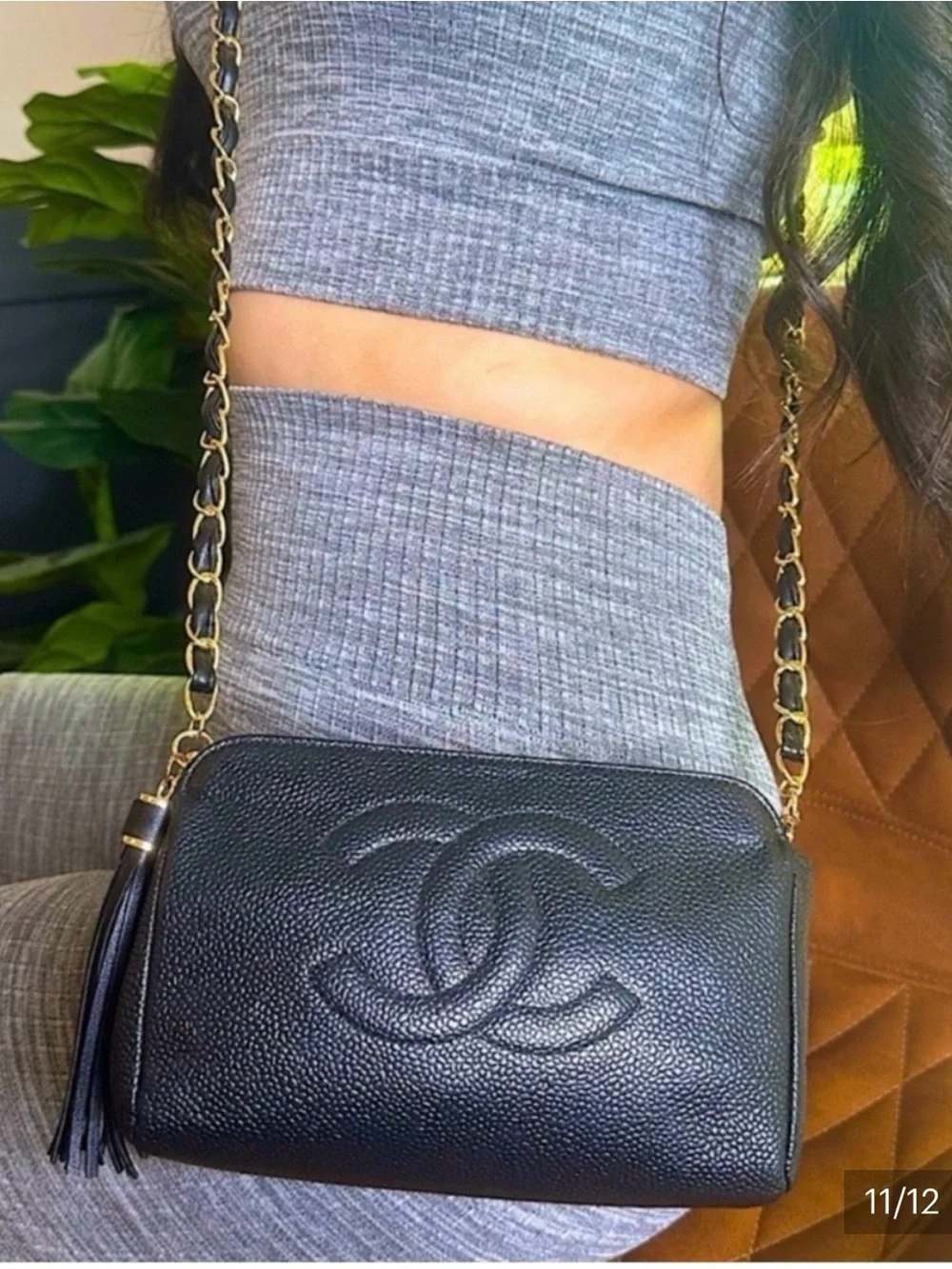 CHANEL Black Caviar Quilted CC Crossbody with Pearl Accent Chanel box bag roset